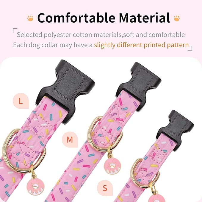 Cotton Dog Collar,Adjustable Cute Puppy Collar with Moon Patterned Design for Small Medium Large Dogs,Soft and Fancy Pet Collar with Safety Buckle for Girl Boy Dogs (Pink Doughnut, Medium)