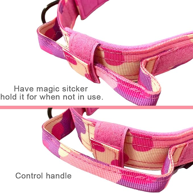 Tactical Military Dog Collar - Adjustable Nylon, Heavy Duty Metal Buckle With Handle for Training (Pink Camo, M)
