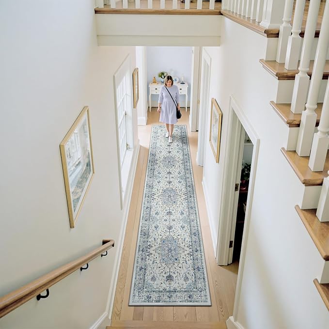 Area Rugs 3'x12' Runner Rug Non Slip Washable for Kitchen Hallway Bedroom Beside Laundry Room Bathroom Rug, Floor Carpet, Light Blue Navy Beige Gray White