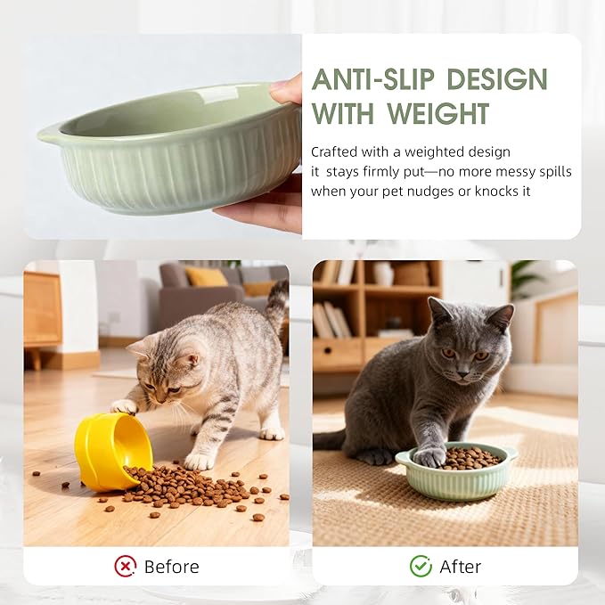 Cat Food Bowl with Handle, 6 inch Ceramic Cat Food and Water Feeder Set, Modern Vertical Texture Design, Kitten Bowls for Indoor Cats and Small Dogs, Microwave Dishwasher Safe, Green - 2 Pack