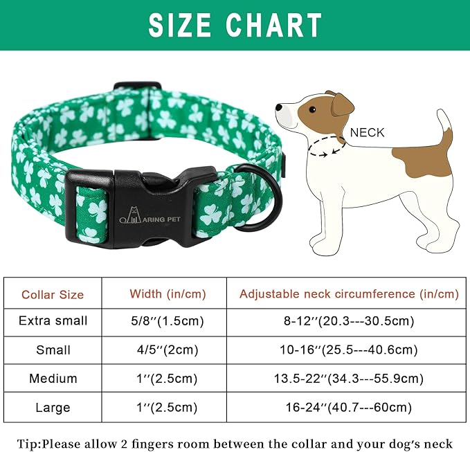 ARING PET St Patrick's Day Dog Collar, Cute Green Clovers Pet Collars with Quick Release Buckle for Puppy Small Medium Large Boy Girl Dogs-L