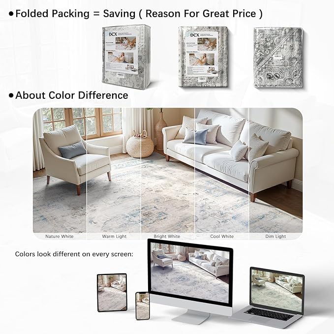 DCX 9x12 Haze Blue Rug, Machine Washable Stain Resistant Distressed Vintage Rug, Kid & Pet Friendly with Rubber Back Non Slip Soft Low Pile Large Carpet for Living Room, Bedroom, Home Office