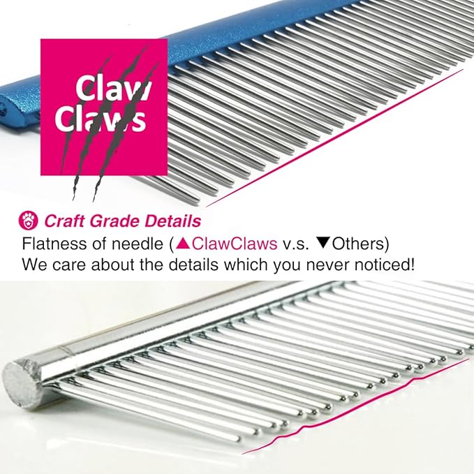 Greyhound Oval Grooming Comb – Aluminum handle, Stainless Steel Teeth Comb for Long-Haired Dogs & Cats, Removes Mats, Tangles, and Loose Fur – Lightweight for Deshedding (Silver/Blue, 9.8")