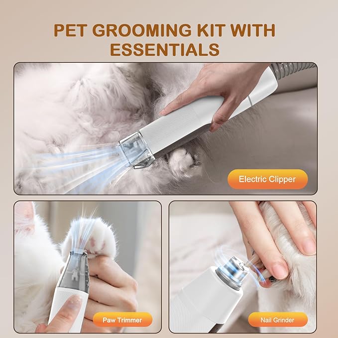 Dog Grooming Vacuum, Dog Grooming Kit with Pet Clipper Nail Grinder, 6 Pet Grooming Tools (Mushroom)