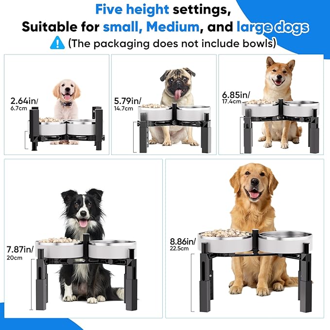 Aystkniet Dog Bowl Stand with Adjustable Height & Width, Anti-Slip Elevated Food Water Bowl Holder for Large Medium Small Dogs, Durable Raised Dog Feeder for Lifted Feeding, Only Stand (Without Bowls)