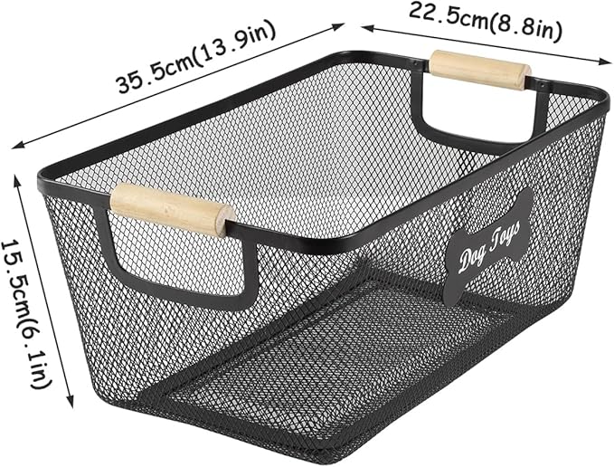 Sturdy Dog Toys Basket,14''x9''x6'' Metal Dog Toy Bin,Mesh Wire Basket with Wooden Handles for Dog Toys,Dog Toy Organization & Storage,Ideal for Dog Leash,Blanket,Toys,Snacks-Black