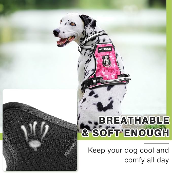 WINSEE Dog Harness No Pull, Pet Harnesses with Dog Collar, Adjustable Reflective Oxford Outdoor Vest, Front/Back Leash Clips for Small, Medium, Large, Extra Large Dogs, Easy Control Handle for Walking