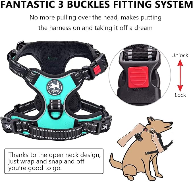 PoyPet No Pull Dog Harness, No Choke Front Lead Dog Reflective Harness, Adjustable Soft Padded Pet Vest with Easy Control Handle for Small to Large Dogs(Mint Blue,S)