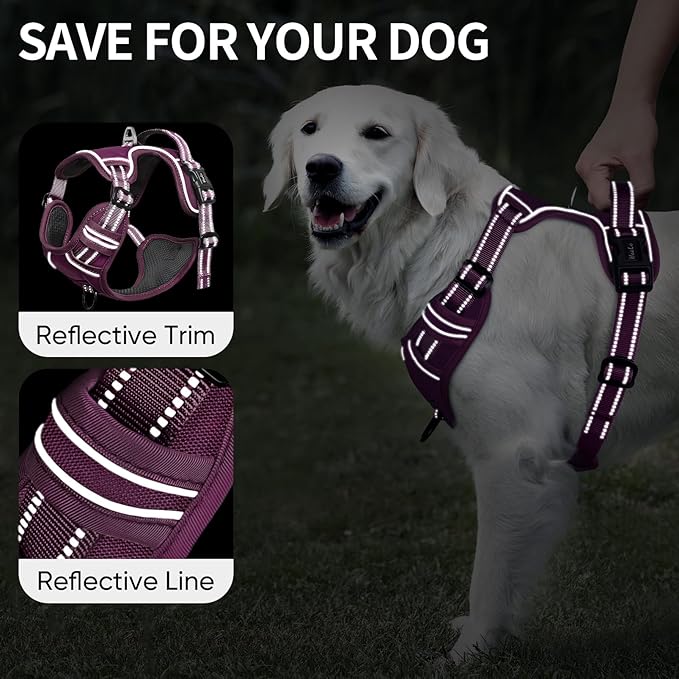 HEELE Dog Harness for Large Dogs No Pull Dog Vest Harness for Large Dog with Soft Padded Handle Reflective for Outdoor Training, Purple(Matching Trim), L