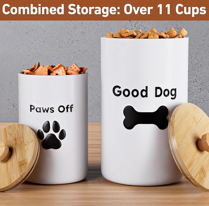 Dog Treat Container Airtight Set of 2 - 9x5 & 7x4 inch Ceramic Dog Treat Jars for Kitchen Counter with Airtight Lids - 11 Cup Capacity Pet Treat Container Set - Doggie Cookie Jar - Big Treats Canister