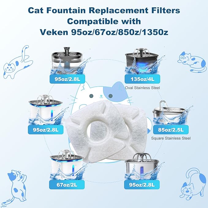 4Pcs Cat Fountain Replacement Filters,4Pack Cat Water Fountain Replacement Filters with 4Pack Pre-Filter Sponges, Pet Fountain Filter Fit for 95oz/2.8L Automatic Pet Fountain Cat Water Fountain