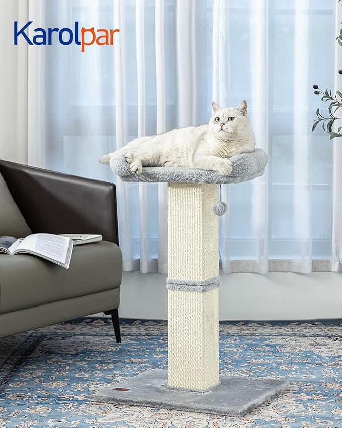 32" Cat Scratching Post for Indoor Cats, Sisal Cat Scratcher with Plush Perch, Large Scratch Post with Bed, Removable Cover, Sisal Fabric,Light Grey