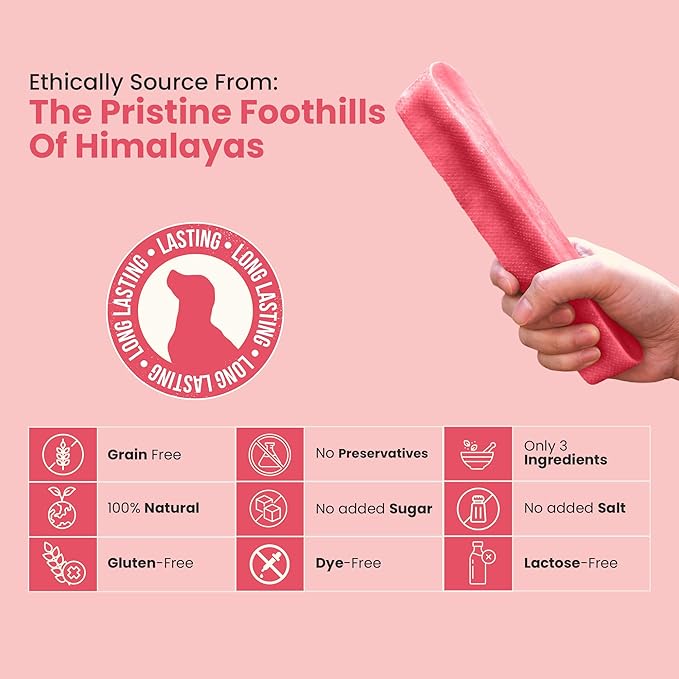KATHMANDU'S 100% Natural Strawberry Flavored Yak Chews – Keep Dogs Busy & Happy with our Lactose&Rawhide Free Himalayan Dog Chews - Long Lasting Dental Treats for Aggressive Chewers (Large, Pack of 4)