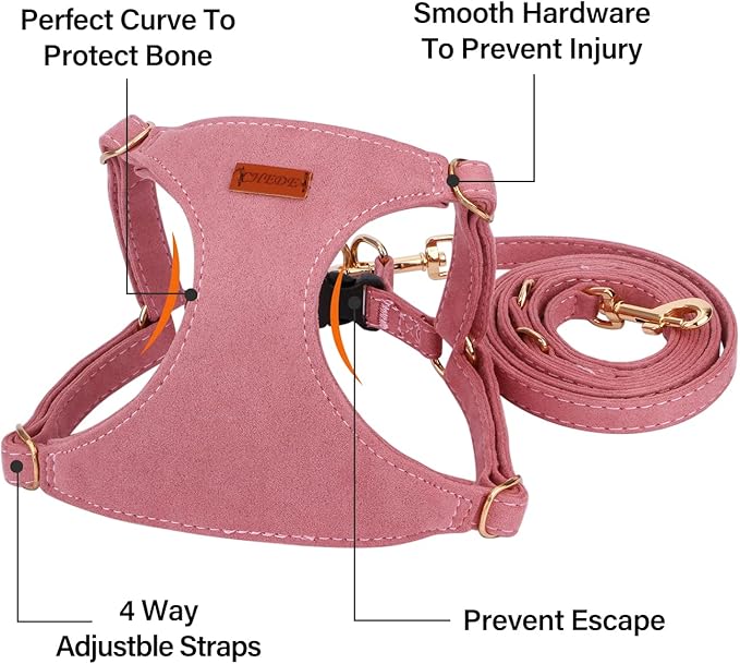 CHEDE No Pull Puppy Harness and Multifunction Dog Leash Set- 8 Colors Soft Adjustable No Choke Escape Proof Cute,Lightweight Pet Vest Harness for Small and Medium Dog (M, Antique Pink)