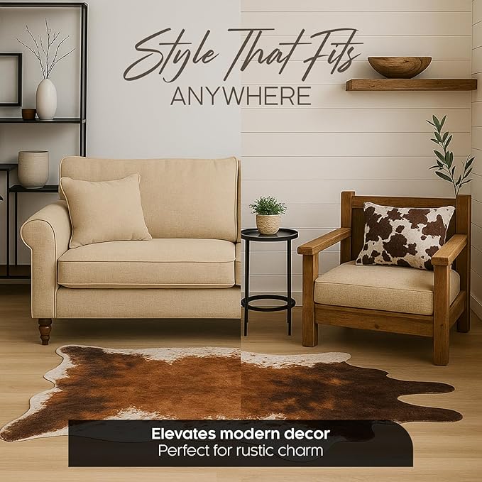 NativeSkins Faux Cowhide Rug 4'7" x 6'7" ??Brown Cow Print Area Rug for Living Room & Bedroom ??Non-Shedding, Flat-Lay, Pet-Friendly ??Faux Suede Grip Backing ??Vegan Western Farmhouse Decor
