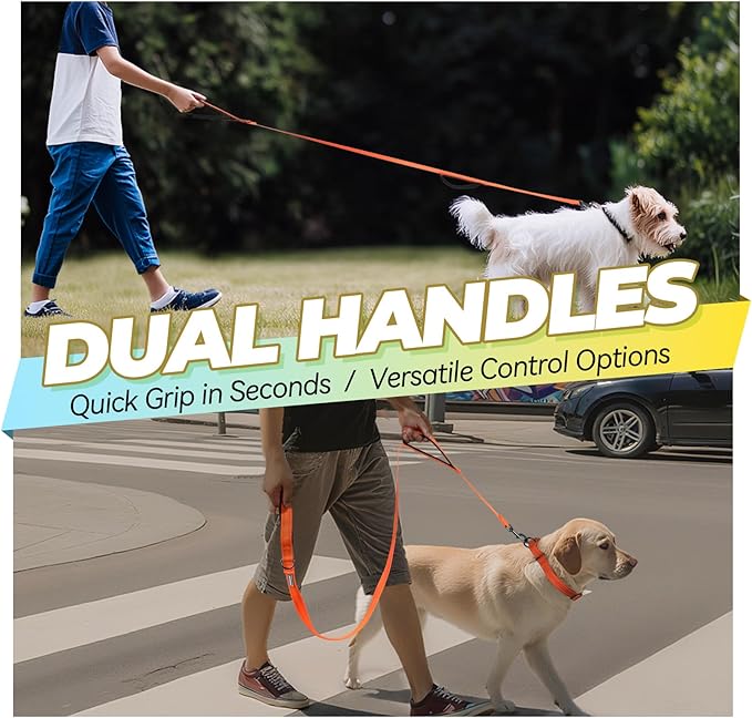 VIVAGLORY Twingrip Dog Leash, Double Handle Dog Leash for Training & Walking with Traffic Handle & 2 Loop, Traffic Control Reflective Heavy Duty for Puppy Pet, 5ft x 1in, Orange
