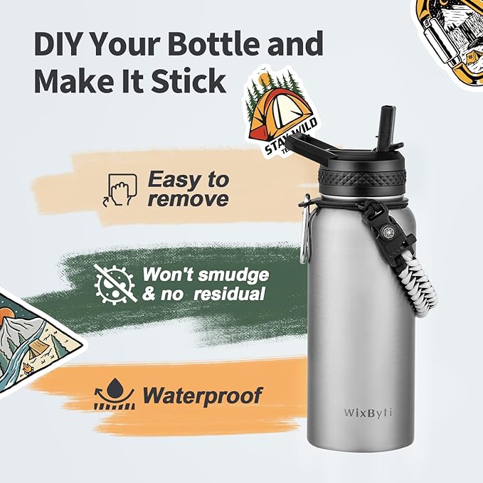32 oz Insulated Water Bottle with Straw (Cold for 48 Hrs), Stainless Steel Triple Wall Vacuum Sports Water Jug, Leakproof Hydro Cup Flask with Paracord Handle & Straw Spout Lids & DIY Stickers