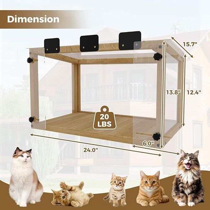 Cat Window Perch Outdoor Enclosure, Wooden Catio Weatherproof Window Box with Clear Acrylic Panels, 360° View Sunbathing Ledge for Indoor Cats