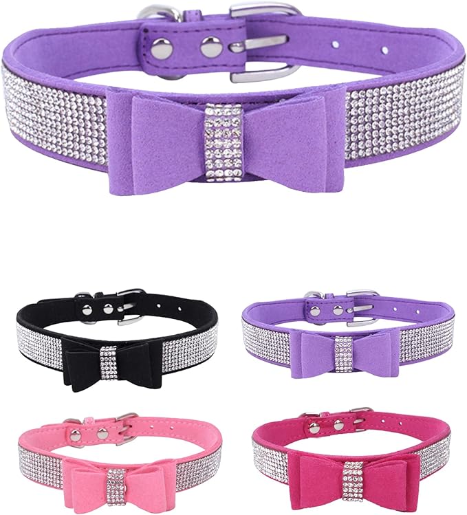 Rhinestone Dog Collar for Small Medium Large Dogs, Adjustable Leather Suede Bling Dog Collars，Diamond Bow Tie Puppy Collars for Boy and Girl.