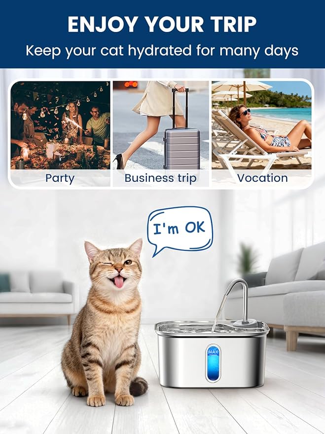 Cat Water Fountain Stainless Steel for Cats Indoor by BPA-Free SUS304, Effective 6-Layer Filter Cat Fountains for Drinking 2.5L 85oz 20dB Ultra Quiet Soft Flow Metal Pet Water Fountain