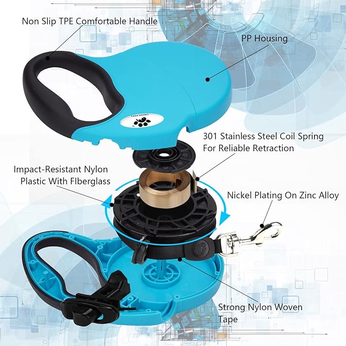 16ft Retractable Dog Leash for Medium Breed Dogs up to 44 lbs with a Detachable Chew Proof Extender Wire Ropes (Blue M)