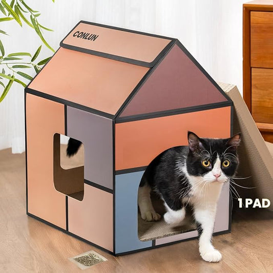 Cardboard Cat House with Scratch Pad & Catnip, Cat Play Scratching House for Indoor Hideaway Furniture, Heavy Duty Sturdy Cardboard Scratcher, Easy to Assemble Birthday Gift, Large