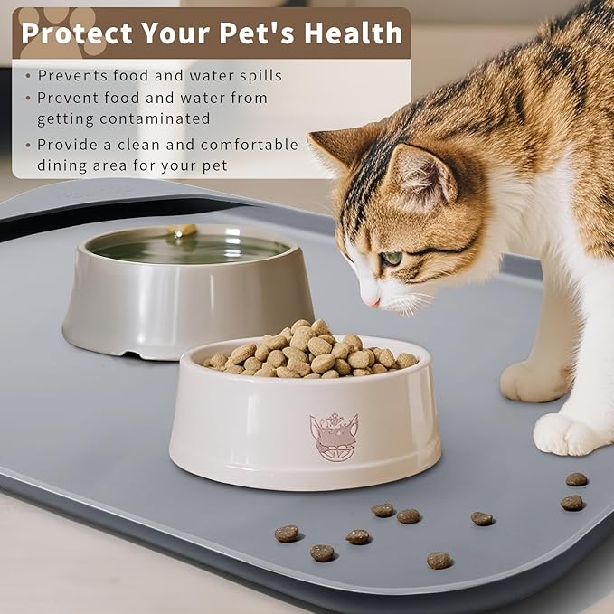 Silicone Pet Food Mat with Raised Edge for Food and Water Bowl, Dog Feeding Mats, Cat Food Trays for Floor Waterproof, Rubber Tray for Dogs and Cats, 24 x 16 x 0.8 Light Gray