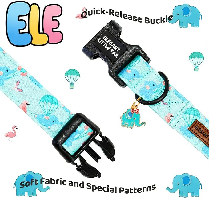 Elegant little tail Dog Collar, Cute Elephant Print Spring/Summer Soft Cotton Puppy Collars Adorable Male Pet Gift Lightweight Plastic Adjustable Dog Collar for Small Dogs