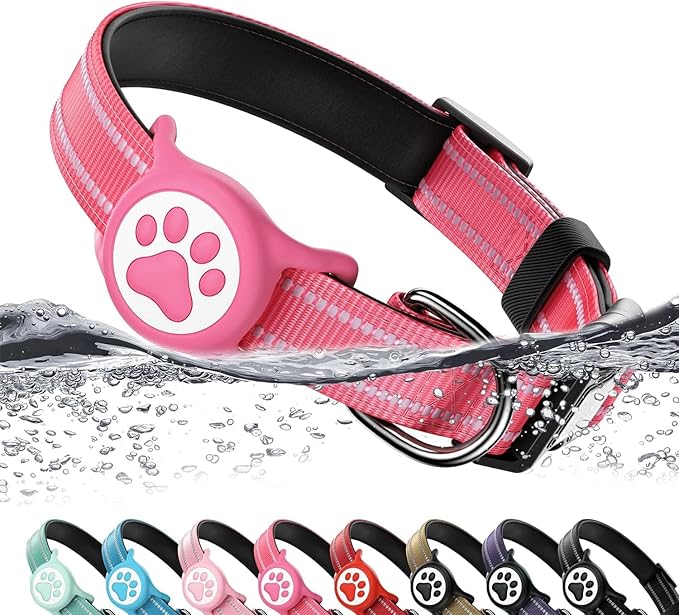 Airtag Dog Collar, Reflective Ultra-Durable Nylon Padded with QR Code Buckle & IP68 Waterproof Air Tag Holder Compatible for Apple AirTag, Comfortable for Small Medium Large Dogs (Hot Pink, XS)
