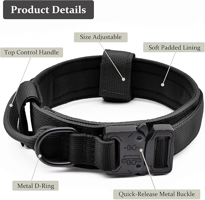 Tactical Dog Collar, Adjustable Military Training Nylon Dog Collar with Control Handle and Heavy Quick-Release Metal Buckle for Small Medium Large Dogs, Black L