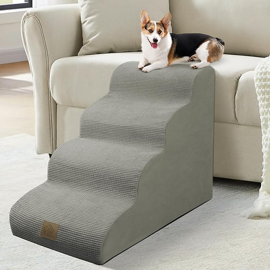 Mestuel Dog Stairs for Small Dogs Cats, Small Pet Stairs Steps, Foam 5-Tier Pet Stairs Steps for Couch Sofa, Dog Ramp Ladder Indoor with Nonslip Bottom &Washable Cover, Beige