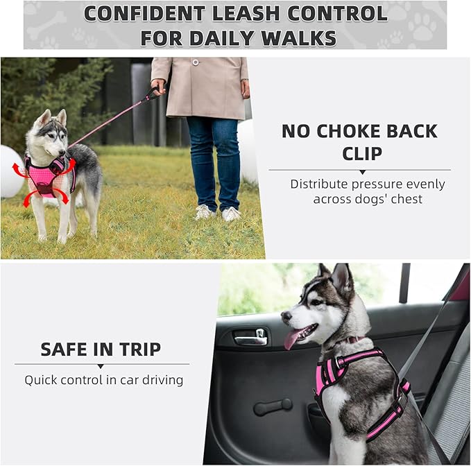 No Pull Dog Harness with A Free Heavy Duty 5ft Dog Leash, Adjustable Soft Padded Dog Vest, Reflective No-Choke Pet Oxford Vest with Easy Control Handle and Dog Leash for Dogs (Pink, Large)