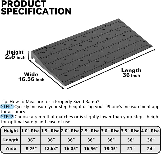 2.5" Rise Rubber Threshold Ramp for Doorways, 36" Wide Wheelchair Ramp 2200 Lbs Capacity, Entry Curb Ramp with Non-Slip Surface, for Wheelchairs, Scooter, Power Chairs, Driveways