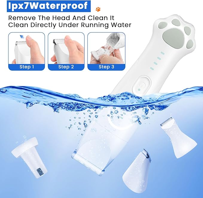 Dog Clippers for Grooming - 4-in-1 Dog Clippers Grooming Kit with Low Noise & IPX7 Waterproof Design Includes Comb Paw Trimmer Nail Grinder - Rechargeable & Cordless Dog paw Trimmer（White）