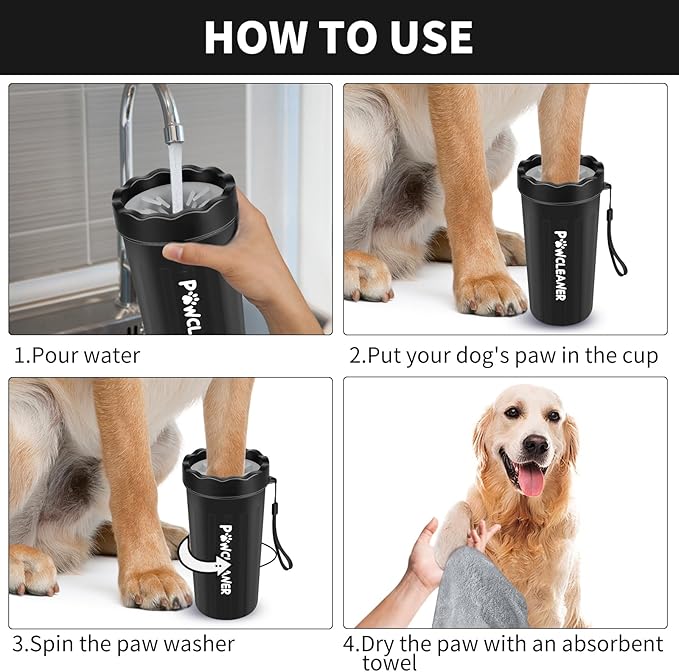 Professional 7 in 1 Dog Paw Cleaner for Dogs & Cats - Includes 1 Portable Paw Washer, 1 Bath Brush, 2 Dog Toothbrushes and 3 Absorbent Towels Note: Fits Paws 2.5 to 3.5 Inches Wide (Large, Black)