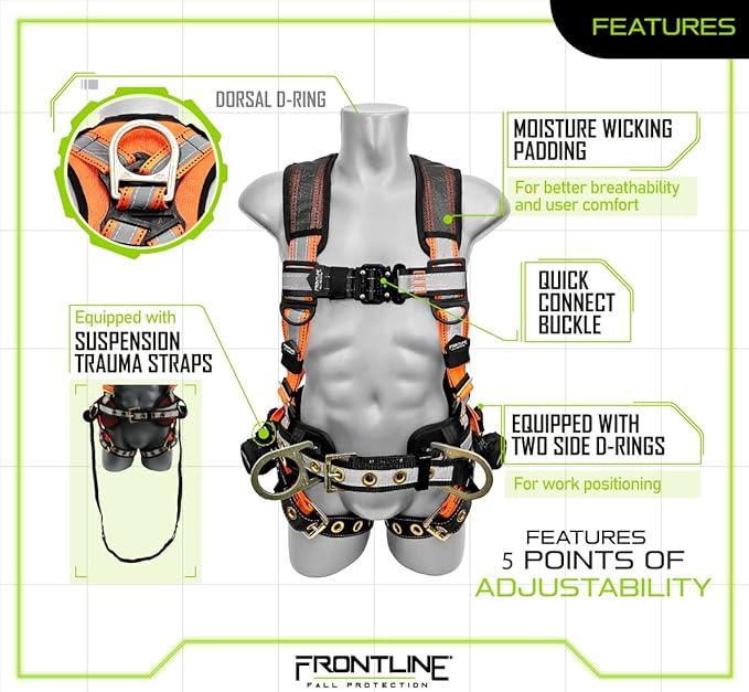 FRONTLINE FALL PROTECTION Harnesses + D-Ring+ Multiple Styles + OSHA and ANSI compliant
