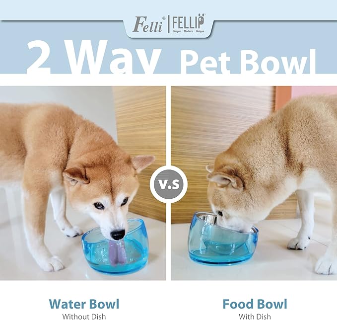 Felli Pet Oblik Slanted Dog Food Water Bowl Elevated Stainless Steel Oval Dish Ergonomic Angled Metal Feeder Spill Proof Non Slip, Raised Acrylic Cone for Bulldog Pug Small Medium (1.5Cup Sapphire)