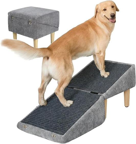 3-in-1 Dog Ramp with Storage – Pet Stairs for Dogs & Cats, Easy on Joints for Senior & Injured Pets, Hidden Storage Footstool, Anti-Slip, Supports 220 lbs, 18" High for Beds & Sofas