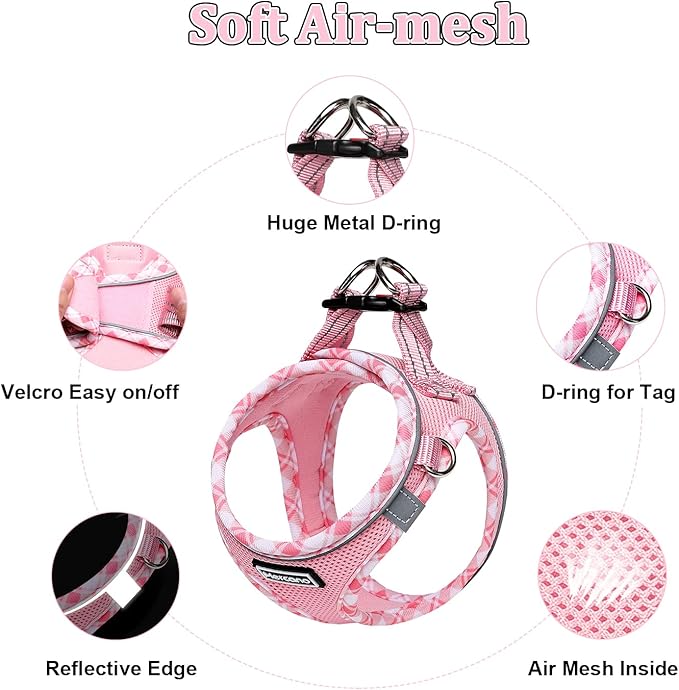 Mercano Soft Mesh Dog Harness and Leash Set, No-Chock Step-in Reflective Breathable Lightweight Easy Walk Vest Harnesses with Safety Buckle for Small Dogs, Cats (Pink, L)