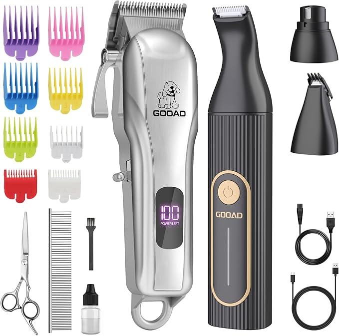 Dog Clippers for Grooming,Dog Grooming Kit for Heavy Thick Hair&Coats/Low Noise Rechargeable Cordless Pet Shaver with Paw Trimmer Nail Grinder/Hair Trimmer for Small & Large Cats