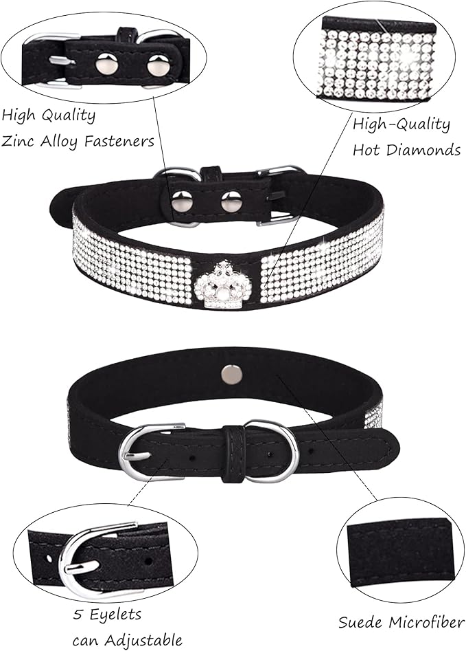 Dog Collar for Small Dogs, Adjustable Leather Suede Bling Dog Collars，Pink Dog Collar Cat Collar, Rhinestone Dog Collar (S, black3)