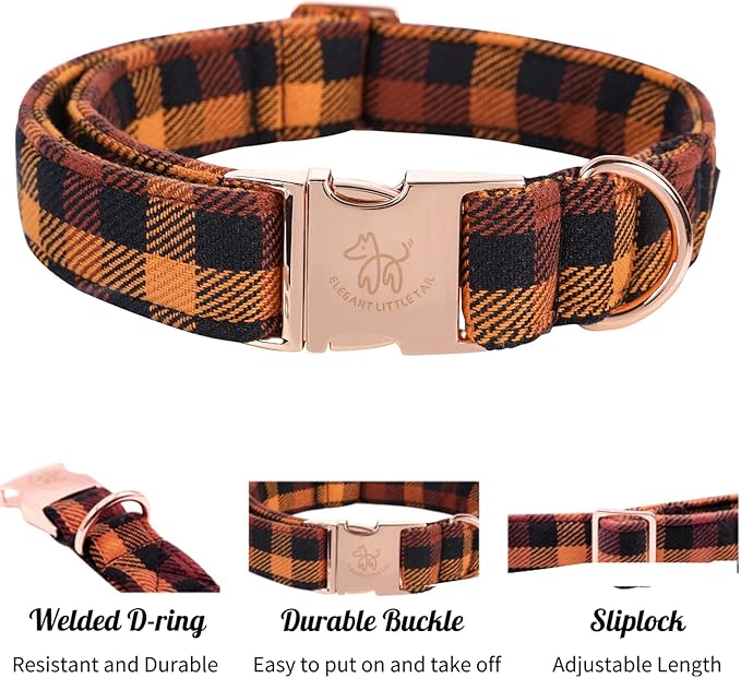 Elegant little tail Fall Dog Collar, Autumn Pet Collar Durable Yellow Plaid Dog Collars Male or Female Holiday Pet Gift Adjustable Dog Collar for Medium Dogs