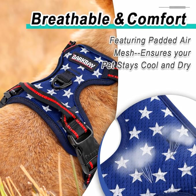 BARKBAY Dog Harness No Pull Mesh for Large Dogs - Adjustable, Reflective, Comfortable, No Choke, Heavy-Duty - Perfect for Outdoor Training, Walking, and Hiking - Strong & Durable - L & Blue Star Mesh