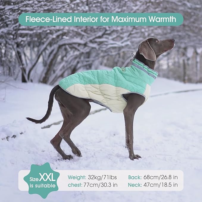 FUAMEY Dog Coat for Large Dogs,Waterproof Dog Winter Jacket with Harness Built in Puppy Cold Weather Coats Reflective Pet Vest with Zipper Warm Fleece Dogs Snowsuit Windproof Mint Green XXXL
