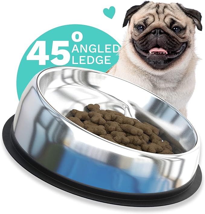 Enhanced Pet Bowl – Slanted Stainless Steel Dog Bowl for Flat-Faced Breeds Like Bulldogs, Pugs, Frenchies – Raised Back, No-Spill, Reduces Gas & Mess – Large Size, Non-Slip, Food-Grade