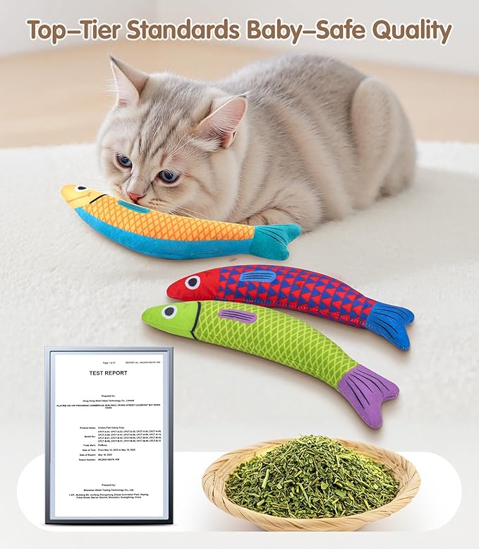 Cat Toys with[5000mg A+Natural Catnip &Silvervine] [Baby Grade] Interactive Soft Chew Kicker Cat Toys for Indoor Cats & Kittens, [Crinkle &Bell] Fish Sound Toy, Drives Bored Cat Crazy with Fun