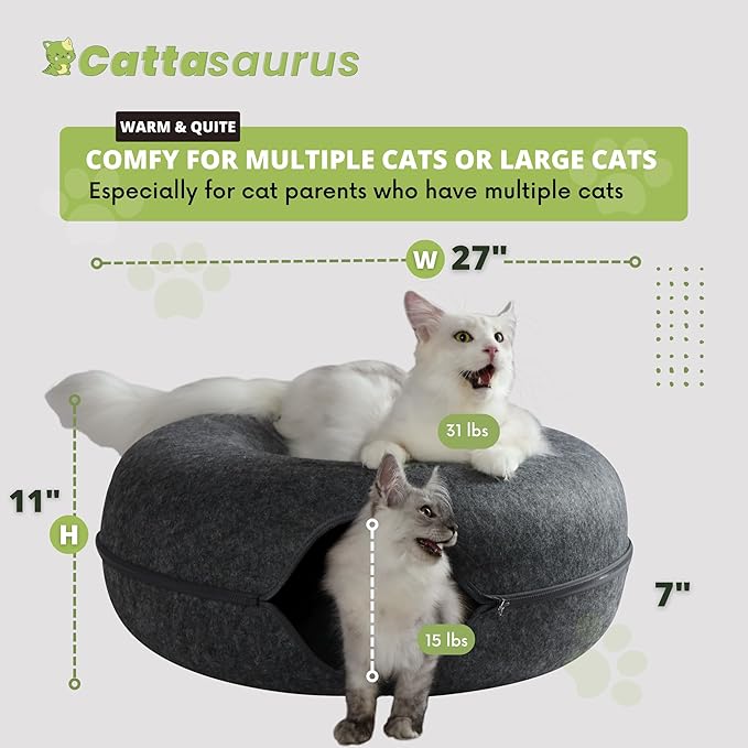 Cattasaurus Peekaboo Cat Cave Duo Jumbo Set, Extra Spacious Cat Donut for Multiple & Large Kitty 15+ lbs, Scratch Detachable Cat Beds for Indoor Cats, Washable Cat Tunnel Bed, Best Kitten Toys