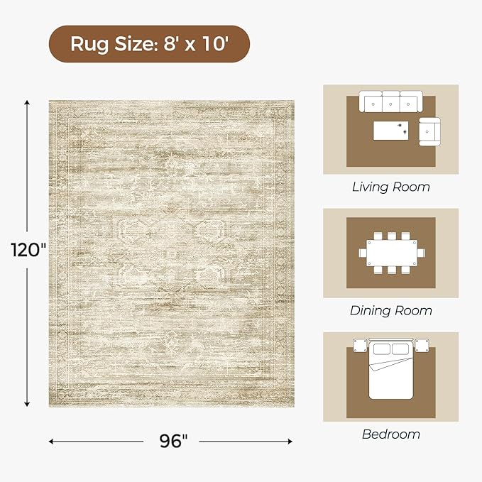 Washable Large Area Rugs 8x10 for Living Room Bedroom Dining Room, Luxury Cozy Neutral Retro Distressed Stain Resistant Beige Rug, Soft Faux Wool Non Slip Indoor Foldable Carpets