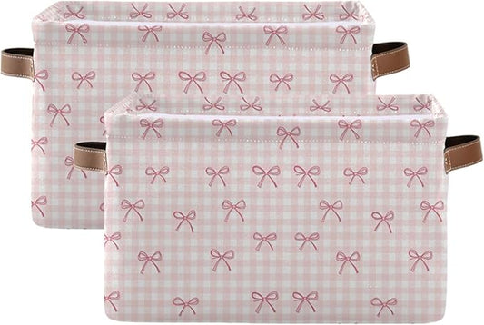 Wamika Pink Cherry Bow Storage Basket with Waterproof Liner and PU Handles Coquette Bowknot Storage Bins Boxes 14.2" Collapsible Decorative Organizer Baskets for Bedroom Closet Office 2 Pack