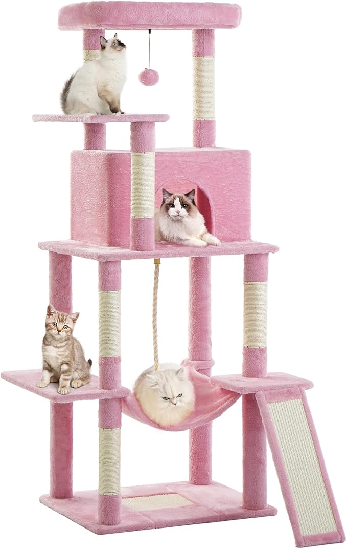 Cat Tree Tower 63in Multi-Level Cat Tower for Indoor Cats with Sisal Scratching Posts, Condo, Hammock, Dangling Ball and Extended Platform for Cats to Play, Pink